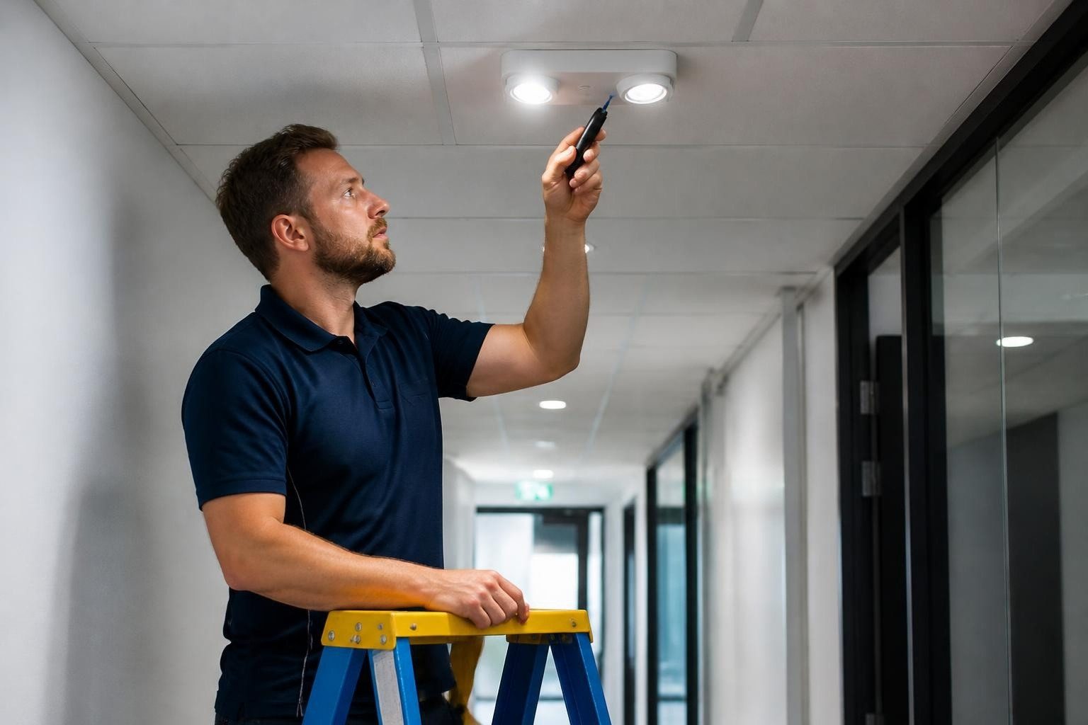 Testing an emergency light in an office corridor