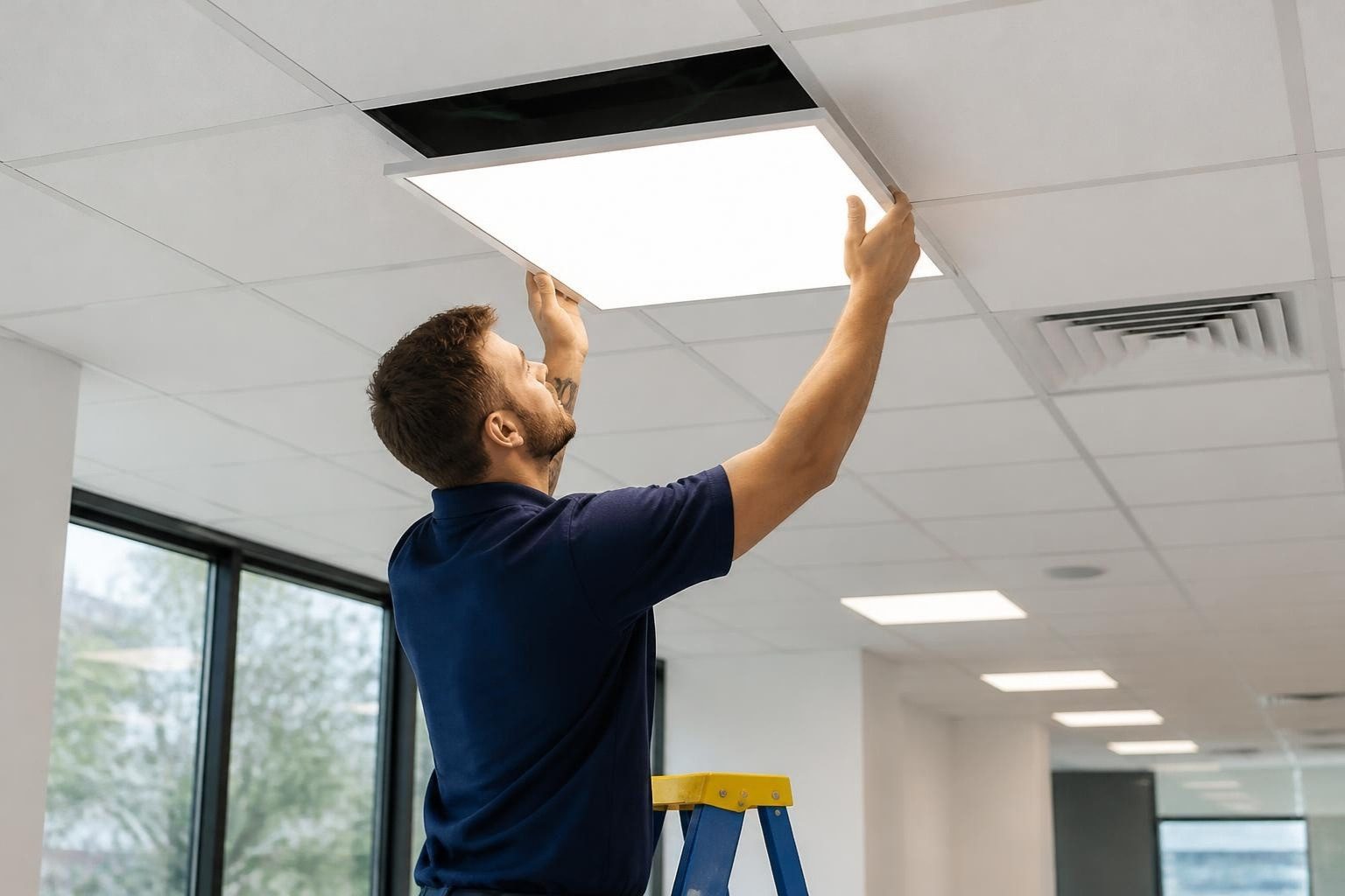 LED panel lights going into an office ceiling