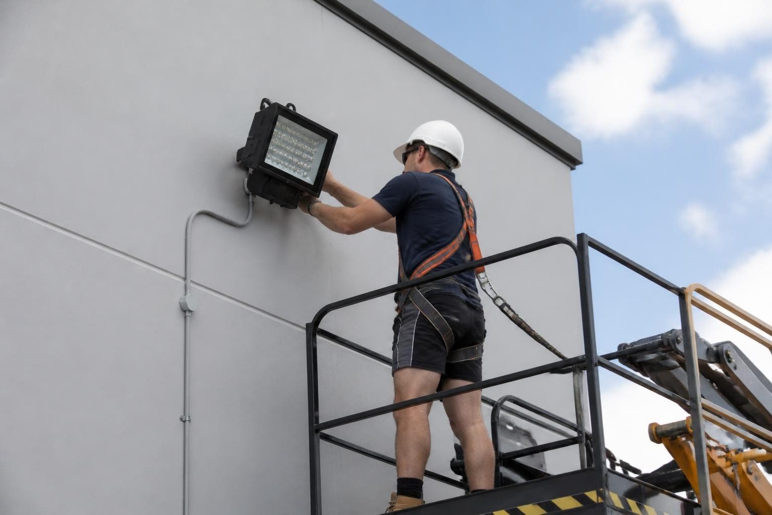 LED floodlight going in on a commercial building