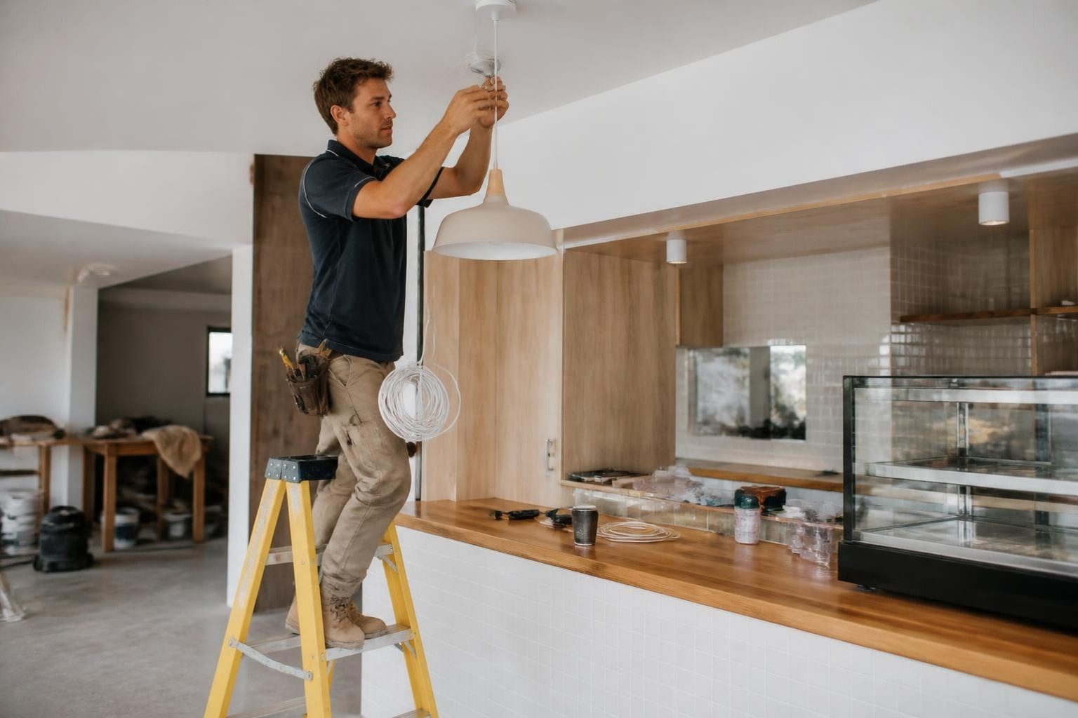 Pendant lighting going in during a cafe fit-out