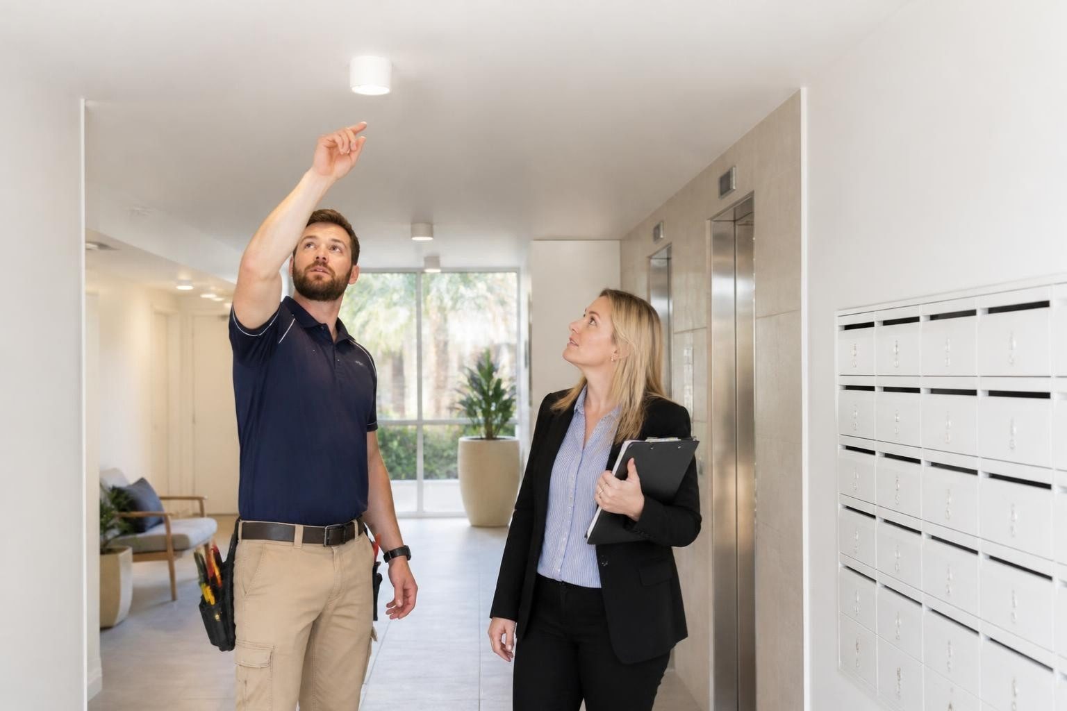 Checking common-area lighting in an apartment building foyer