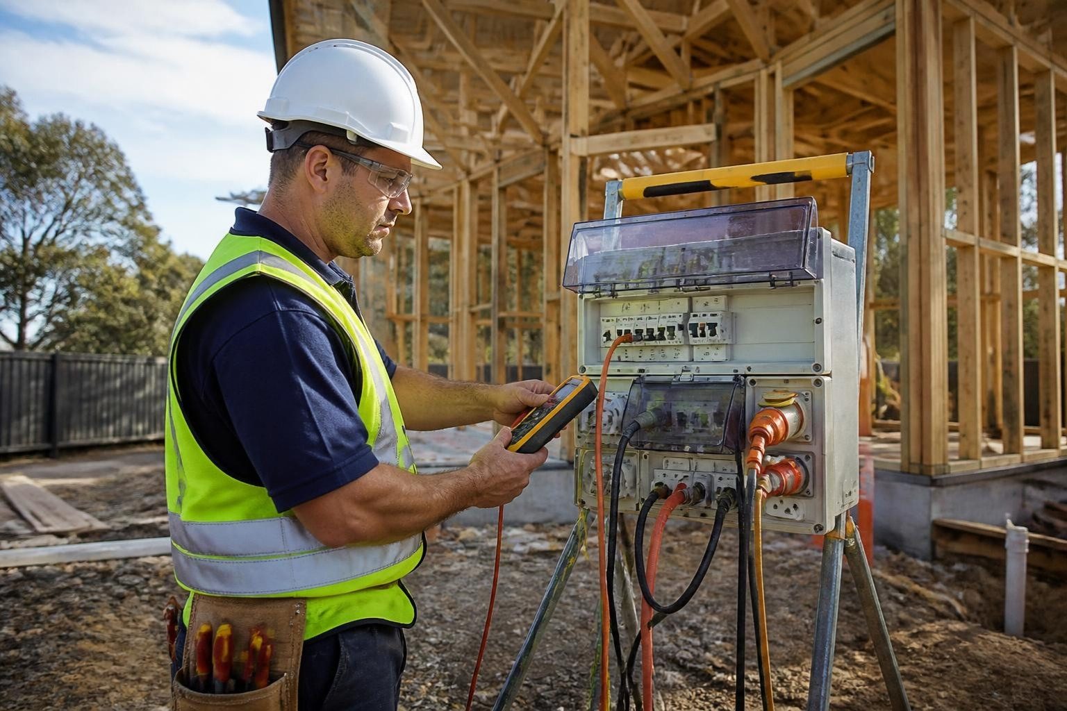Checking a builder's temporary power board on site
