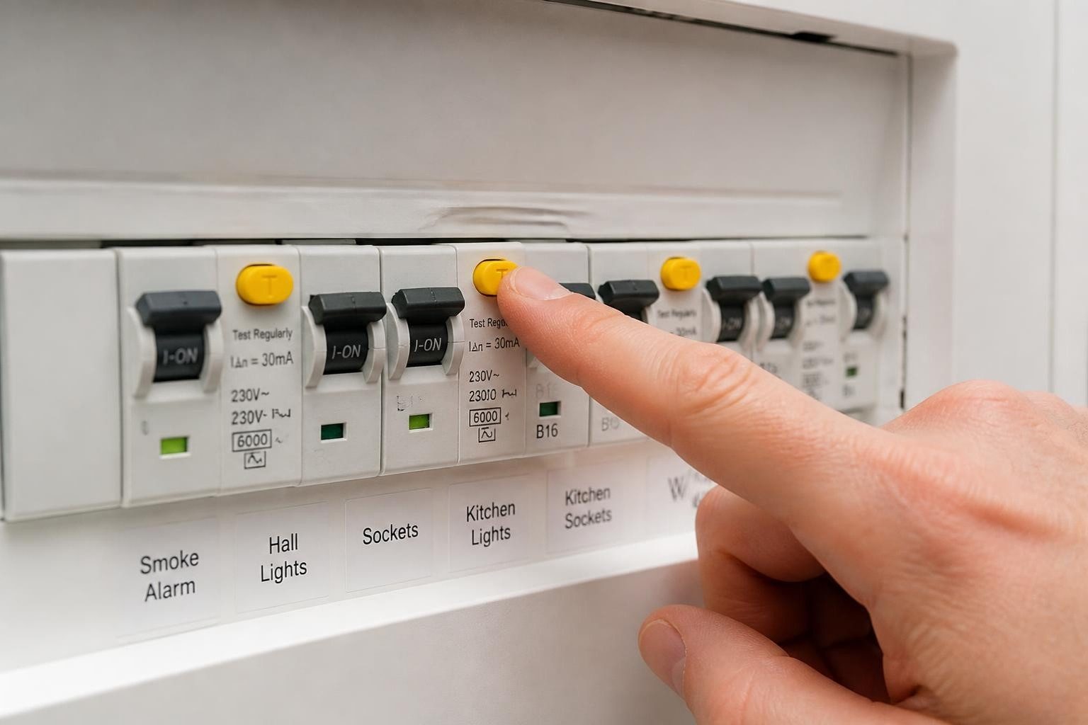 Safety switches with their test buttons on a home switchboard
