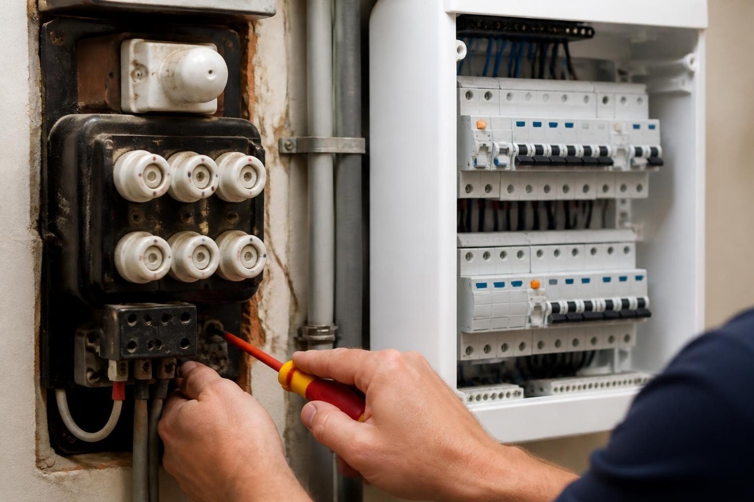 Old fuse board being replaced with a modern switchboard