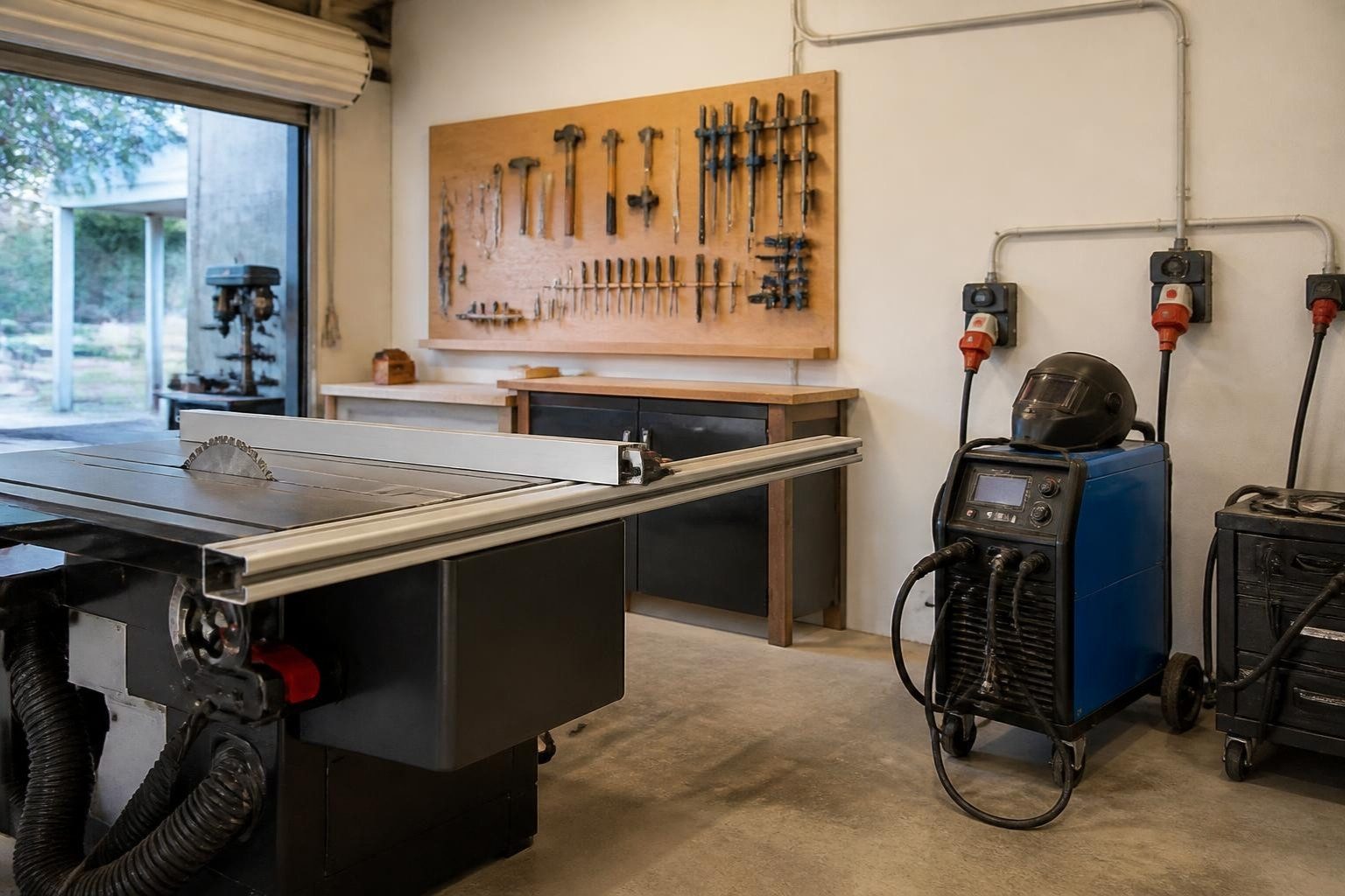 Three-phase outlets powering workshop machines