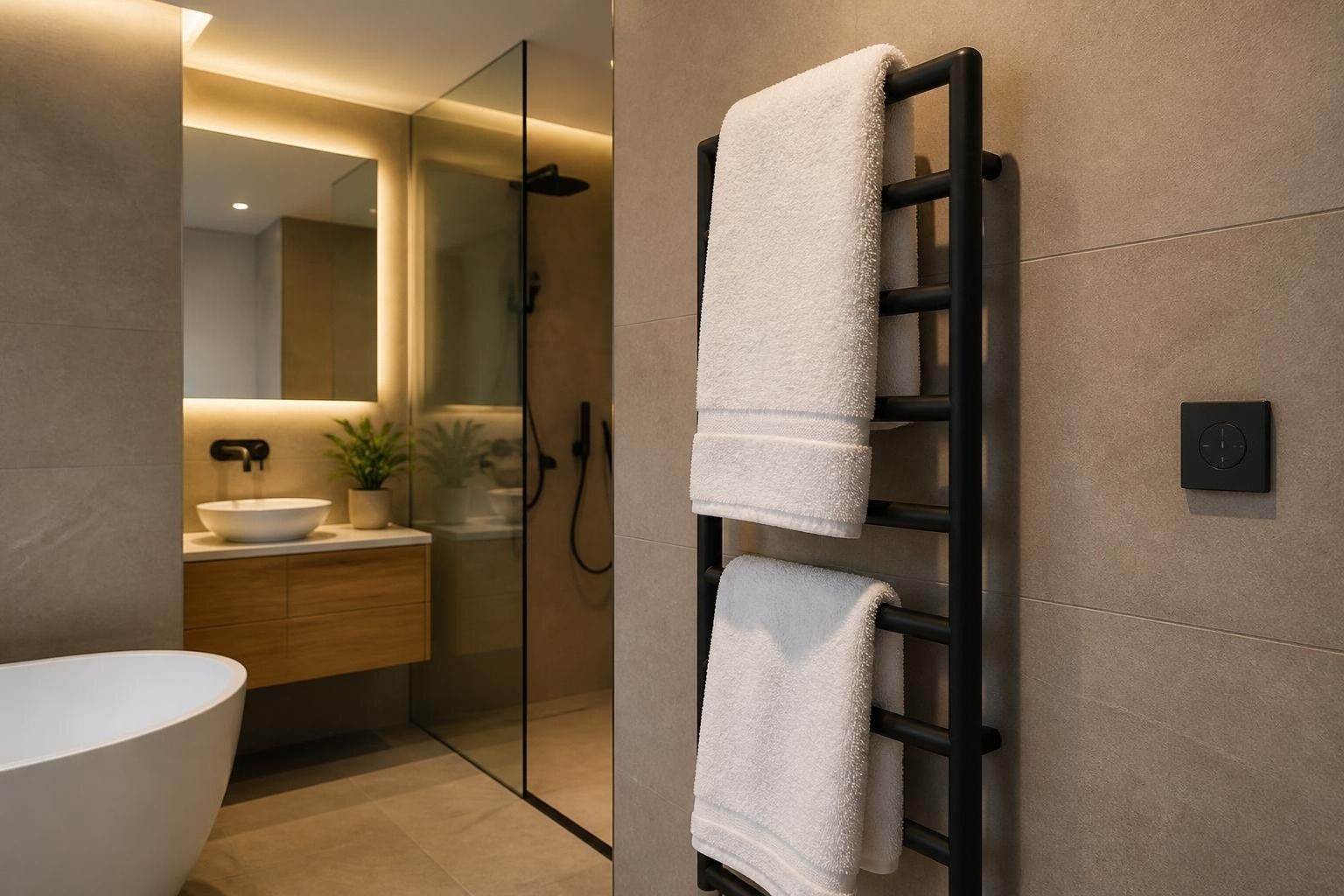 A heated towel rail on a timer in a new bathroom